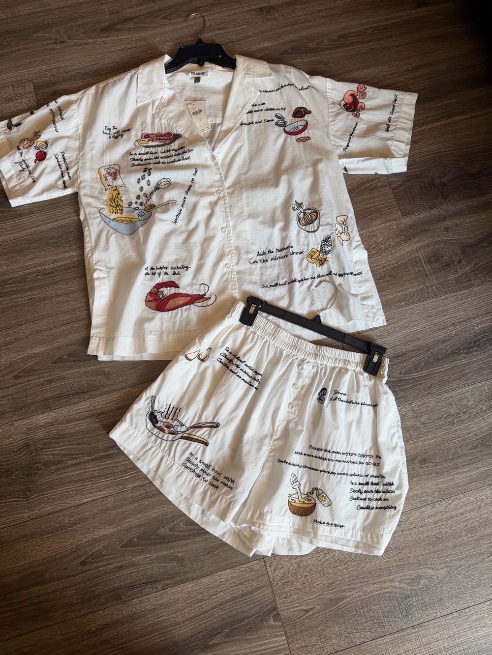 Anthropologie White Printed Two-Piece Pajama Set with Food Illustrations